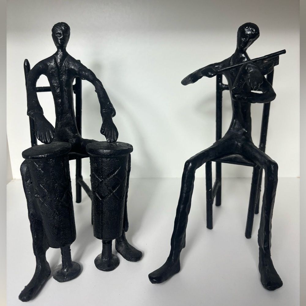 90s Modernist Black Cast Iron Set of Two Brutal Musicians Art Sculpture